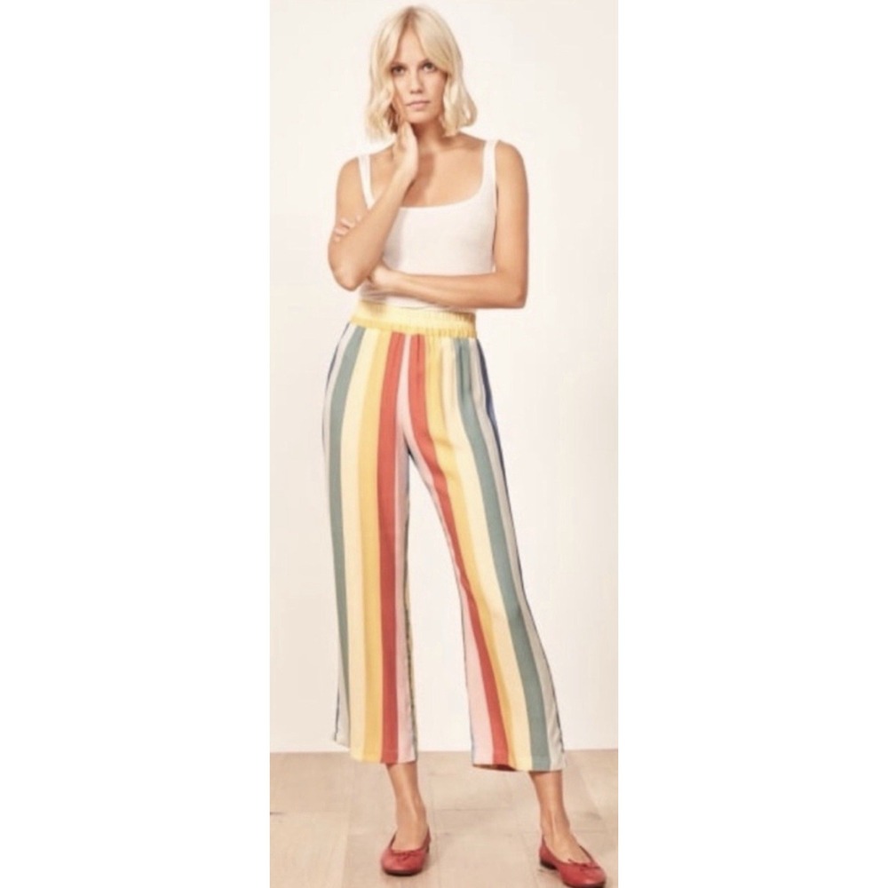 Reformation Women's Ascher Colorful Rainbow Starburst Striped Crepe Pants SZ XS